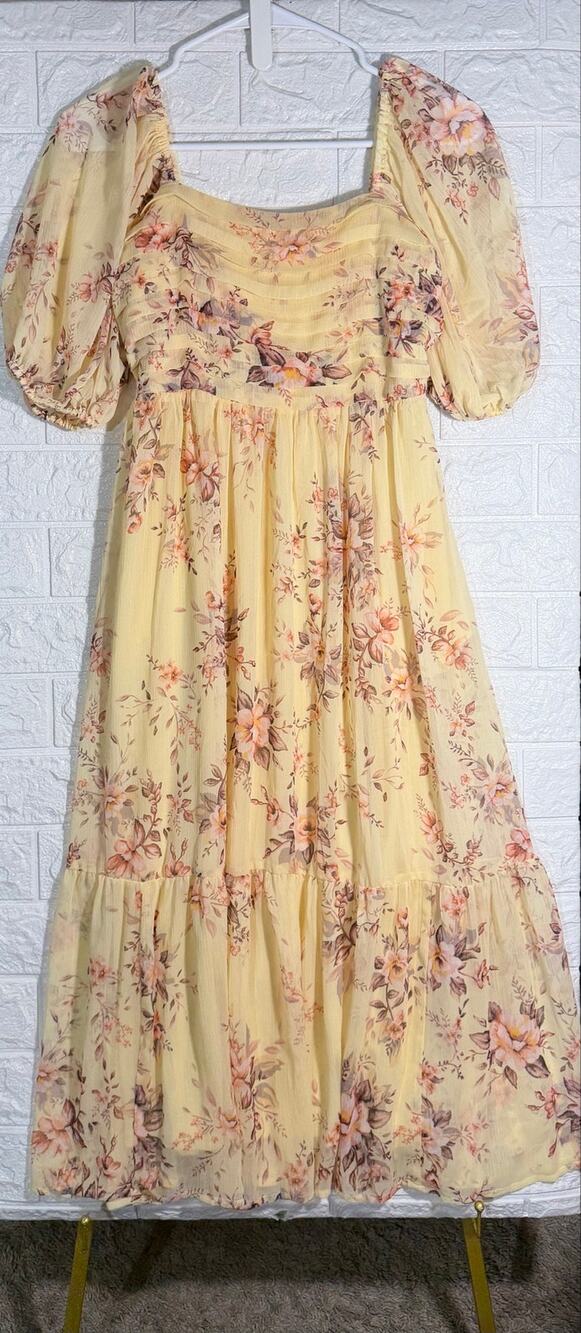 LC Lauren Conrad Women’s XS Yellow Floral Puff Sleeve Tiered Midi Dress